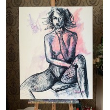 Nude girl in fishnet stockings - oil painting on canvas 75 x 95 cm